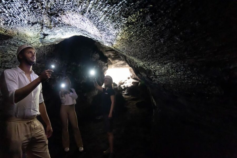 From Syracuse: Mount Etna Guided Morning Hike & Food Tasting - Inside the lava flow cave: helmet gear and the real Etna moment