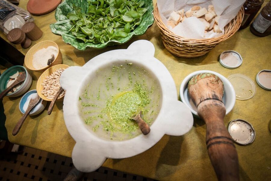 Levanto: Pesto-Making Class - The tastings that set your flavor expectations: bruschetta, olive oil, and wine